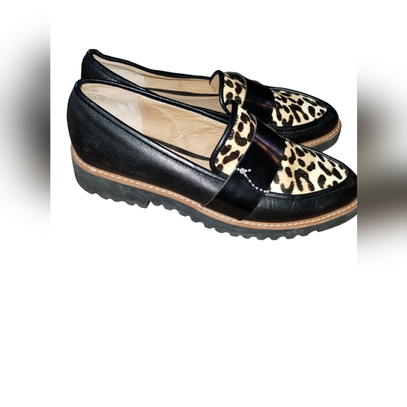 Halogen Black Leather Pony Hair Leopard Print Pointy Toe Slip On Loafers… - Picture 10 of 12